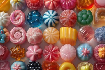 Fototapeta premium Close-up of colorful candies with glossy surfaces and intricate textures.