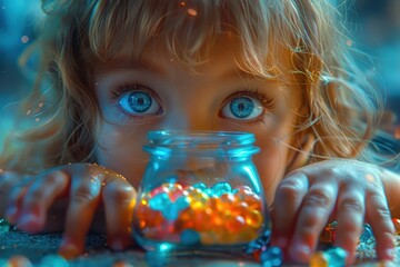 Child's hand reaching for a candy jar.