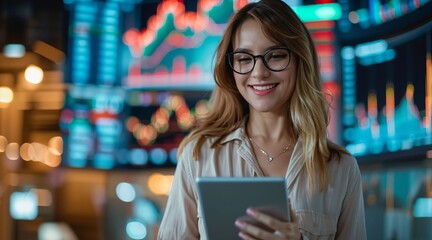 Woman Analyzing Stock Market Data on Tablet in Front of a Colorful, Blurred Trading Screen, Embracing the Future of Digital Finance with Confidence and Enthusiasm
