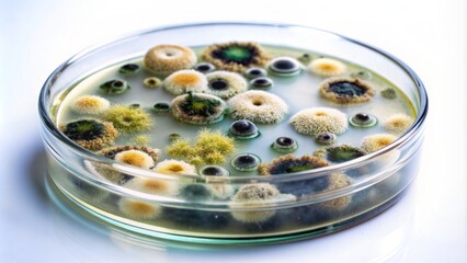 Petri dish containing mold growth with isolated colonies of fungus against a stark white laboratory background, gleaming glass vials nearby.