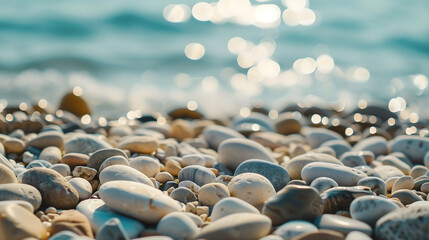 Fototapeta premium Web banner abstract smooth round pebbles sea texture background. Vacation holiday recreation on beach concept.