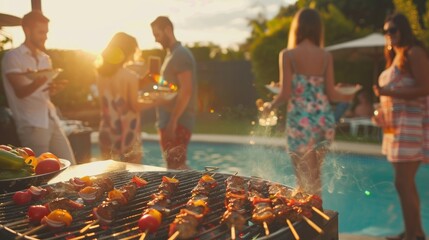 A group of people are gathered around a grill, cooking food