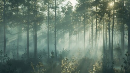 Obraz premium A forest with trees and sunlight shining through the trees
