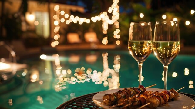 A couple is enjoying a romantic dinner by the poolside