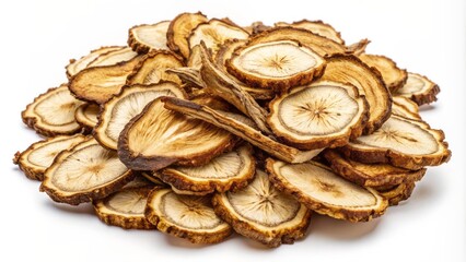 Fototapeta premium Delicate hand-drawn illustration of sliced dried Szechuan Lovage root on white background showcasing Chinese herbal medicine's intricate beauty.