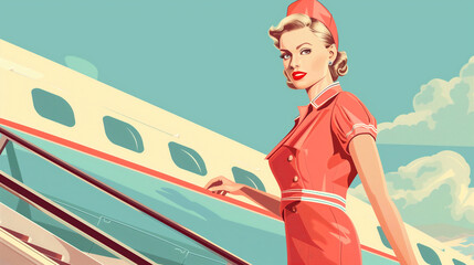 copy space, illustration, stewardes posing at the stairs on an airplane, vintage 1960 style. Travel in the 1960, 60’s, 60s. Travel theme.