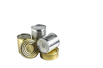 Cans with various products in close-up on a white background, isolate. Long-term storage products.