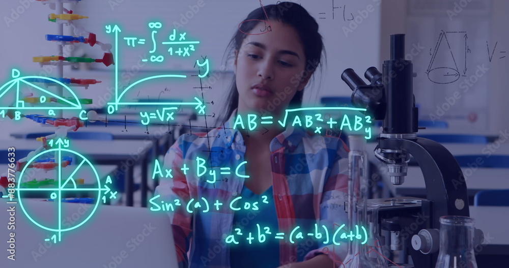 Aufkleber image of equations and data processing over biracial female student in science lab