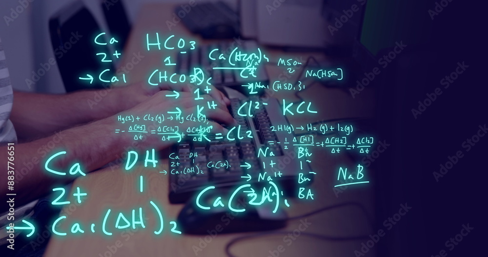 Poster image of equations and data processing over biracial male student using computer