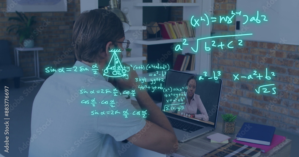 Poster image of data processing over caucasian male student on laptop image call