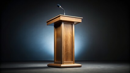 A sleek wooden podium with a microphone stands alone on a dark gradient background, exuding confidence and authority.