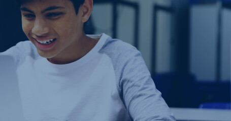 Image of equations and data processing over caucasian female student studying