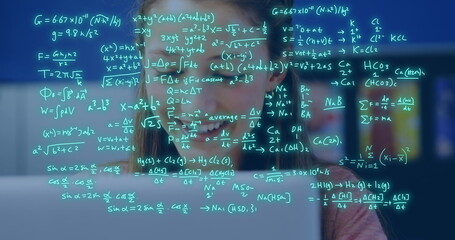 Image of equations and data processing over caucasian female student studying