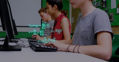 Image of equations and data processing over diverse school children