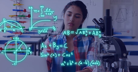 Image of equations and data processing over biracial female student in science lab