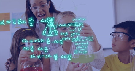 Image of equations and data processing over diverse school children