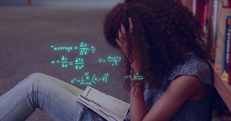 Image of equations and data processing over biracial female student reading