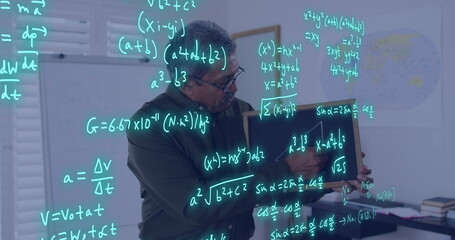 Image of data processing over biracial male teacher on image call