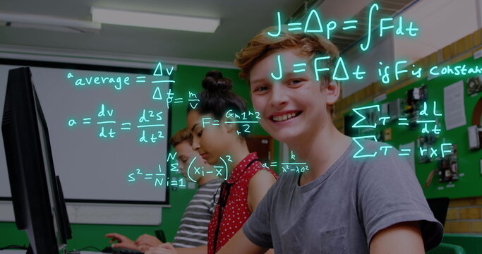 Image of equations and data processing over diverse school children