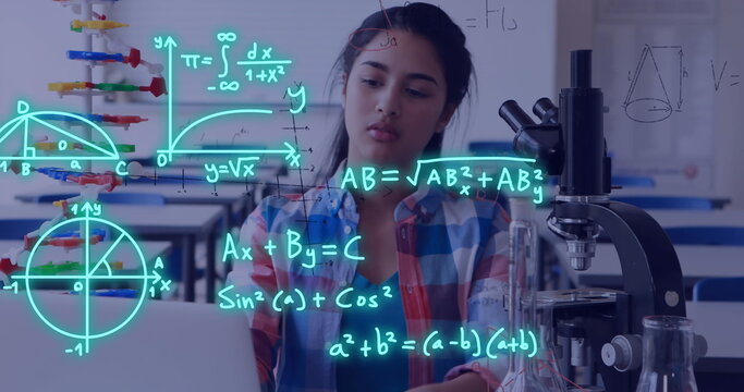 Image of equations and data processing over biracial female student in science lab