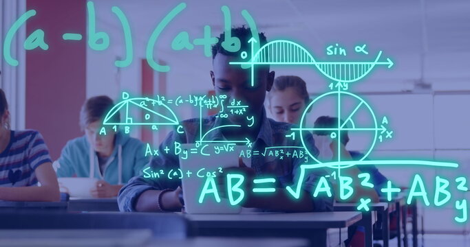 Image of equations and data processing over diverse school children