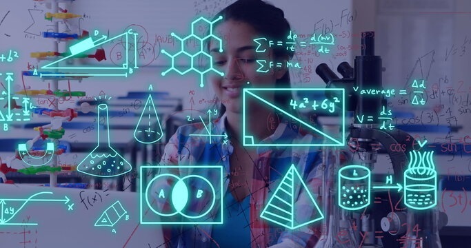 Image of equations and data processing over biracial female student in science lab - Powered by Adobe