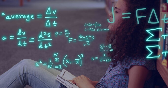 Image of equations and data processing over biracial female student reading