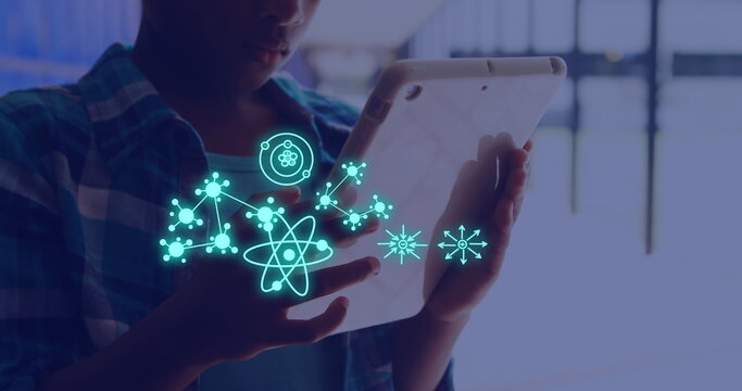 Image of data processing over african american female student using tablet