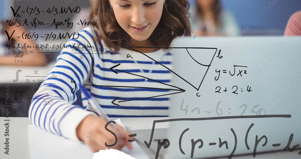 Aufkleber image of question mark with mathematical equations over diverse students in classroom