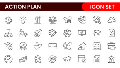 Line icons about action plan. Contains such icons as search strategy, target, scheme, timeline and workflow.Action plan set of web icons in line style. Strategy action planning icons.