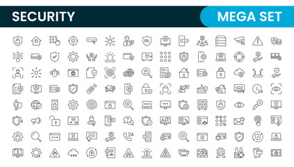 Set of Security web icons in line style. Guard, cyber security, password, smart home, safety, data protection, key, shield, lock, unlock, eye access. Security outline icon set.