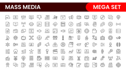 Mass media outline vector icons large set isolated on white background. media business concept. Media outline icons set.