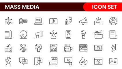 Mass media outline vector icons large set isolated on white background. media business concept. Media outline icons set.