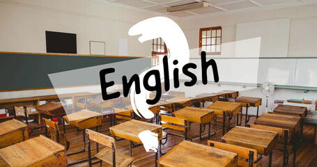 Image of english text and question mark over empty classroom
