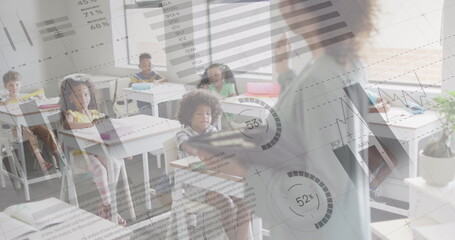 Image of data processing over happy diverse female teacher addressing pupils in class