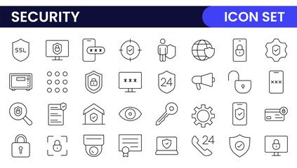Set of Security web icons in line style. Guard, cyber security, password, smart home, safety, data protection, key, shield, lock, unlock, eye access. Security outline icon set.