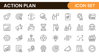 Line icons about action plan. Contains such icons as search strategy, target, scheme, timeline and workflow.Action plan set of web icons in line style. Strategy action planning icons.