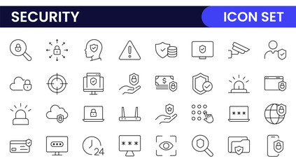 Set of Security web icons in line style. Guard, cyber security, password, smart home, safety, data protection, key, shield, lock, unlock, eye access. Security outline icon set.