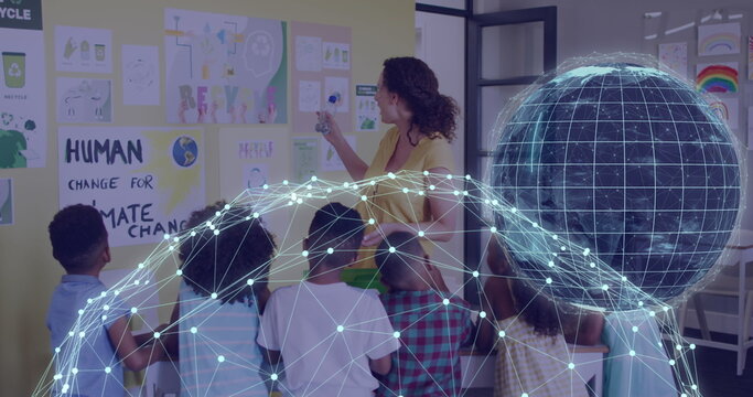 Image of globe and network over happy diverse female teacher and pupils in ecology class - Powered by Adobe