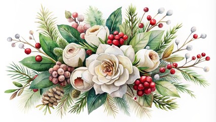 Fototapeta premium Delicate watercolor illustration of serene winter bouquet featuring white blooms, rustic pine branches, and luscious crimson berries on creamy background.