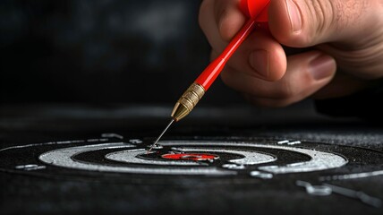 Obraz premium A Close-up View of a Hand Steadily Guiding a Dart Towards the Bullseye on a Target Board, Emphasizing Precision and Focus