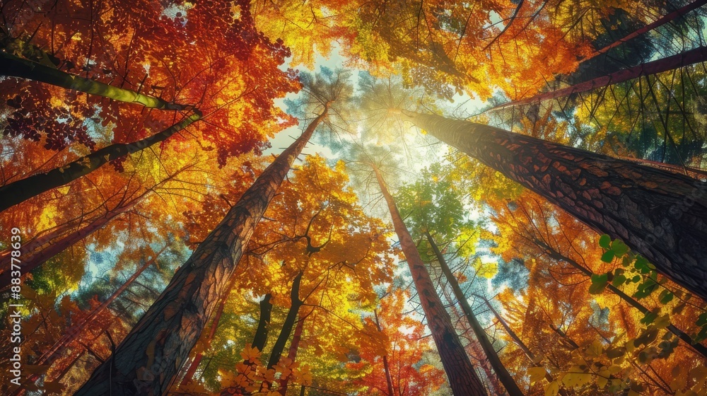 Poster the image shows a view of a forest from the ground, looking up at the trees in autumn. the leaves ar