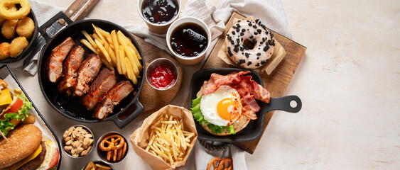 Assorted of american junk food assortment.