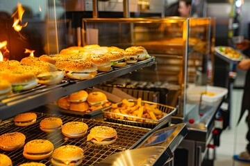 A man is standing in front of a grill with burgers.