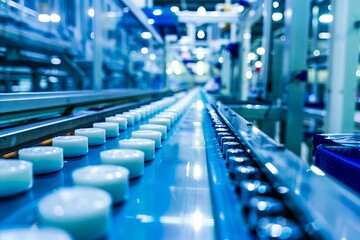 Fototapeta premium A factory with many white candles on the line.
