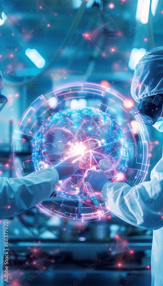 Poster scientists interacting with futuristic holographic interface in advanced laboratory, showcasing tech