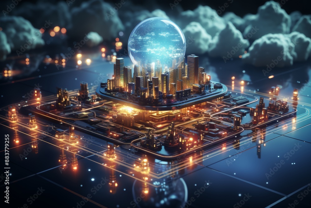 Poster futuristic cloud data storage and transfer on global network, cybersecurity digital background