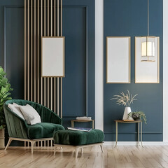 Modern Living Room with Vertical Poster Frames and Blue Armchair