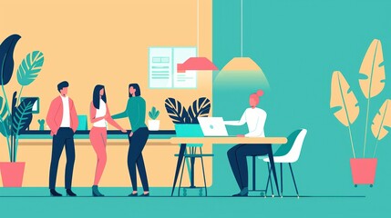 Modern office with diverse employees collaborating and working, vibrant colors, plants and contemporary furniture setting the scene.