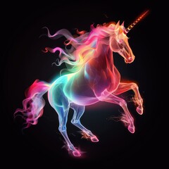 Enchanting Fantasy Unicorn with Rainbow Gradients in Magical Glow - 8K HDR Digital Art on Black Background, Generative Ai